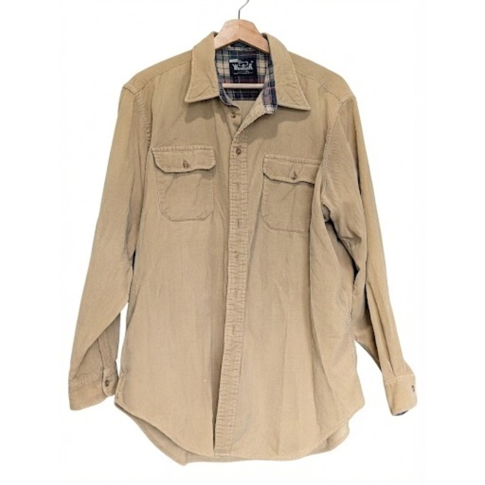 Woolrich Mens XL Tan Corduroy Button Down Shirt Plaid Lined Flannel Collar Beige